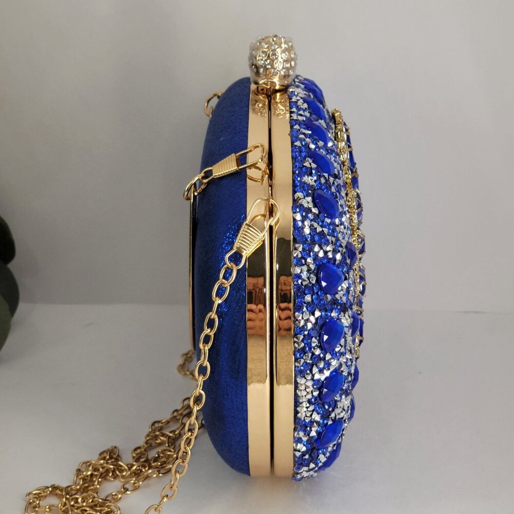 Blue Crystal Embellished Evening Clutch Bag Gold Handle & Chain Strap By RAMLA! - Picture 9 of 11